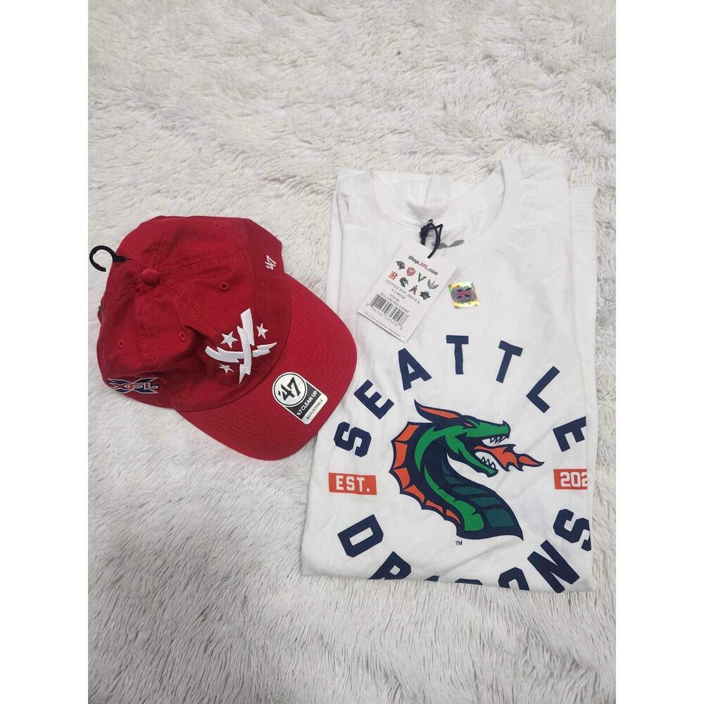 XFL Men's Seattle Dragons Logo 2020 Tee Shirt T-Shirt  XFL Cap Bundle. B24